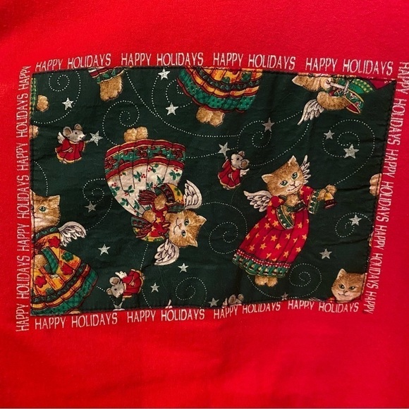 Vintage HANES Women Red Cat & Mouse Xmas Holidays Collar Sweatshirt Size Large - Picture 2 of 8